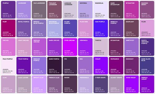 May include: A colour chart with 64 different shades of purple, ranging from light lavender to dark slate blue. Each colour square has a hexadecimal colour code and the name of the colour.