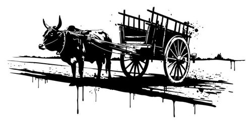 Bullock cart pulled by ox in traditional rural black ink grunge style