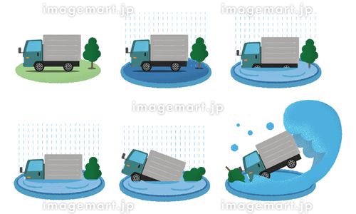 水害遭う緑色のトラックのベクターイラストセット 自然災害,自然現象,集中豪雨のイラスト素材