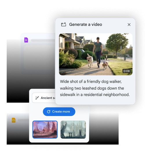 AI video tool generating clips from prompts, including a video of a dog walker on a sidewalk.