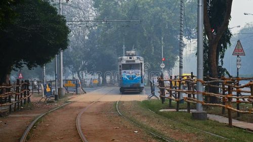 Kolkata, West Bengal, India - 23rd January 2020 : Electric Tram is passing through tram lines at Kolkata maidan area. It is the only tram system operating in India and oldest in Asia, 100 years old. Kolkata tram stock images, royalty-free photos and pictures