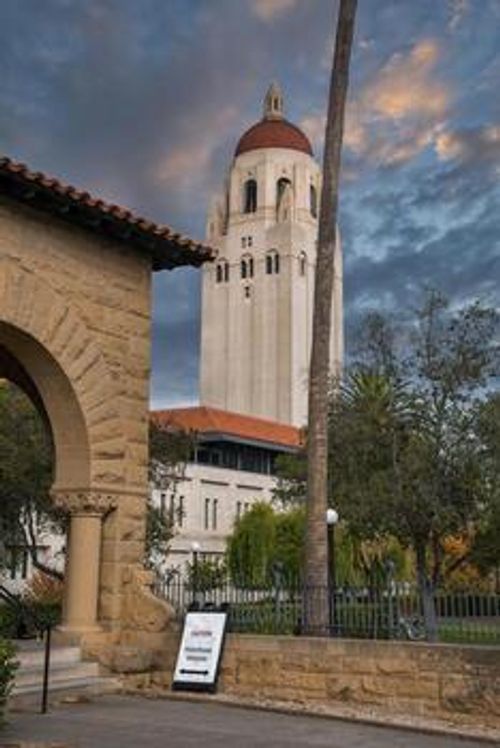 Low angle view of Hoover Tower at Stanford University campus photo