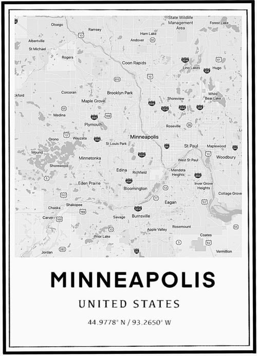 a black and white map of the state of minneapolis, minnesota with all its major cities