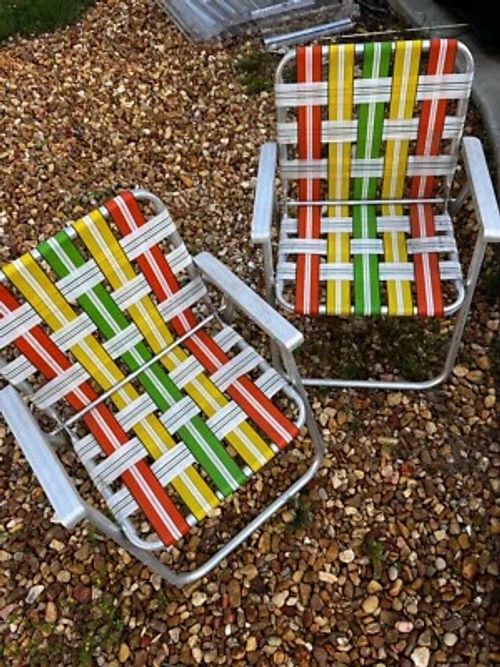 Vintage Folding Aluminum Webbed Lawn Patio Beach Camp Chairs • Set of 2 - Image 1 of 4