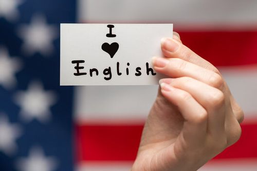 I love English text on a card. American flag background.