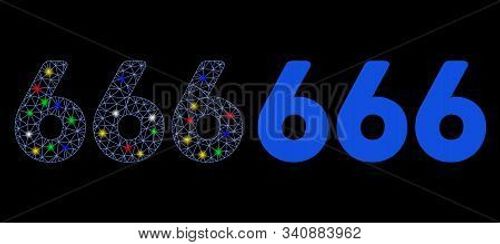 Glowing Mesh 666 Digits Text Icon With Glitter Effect. Abstract Illuminated Model Of 666 Digits Text