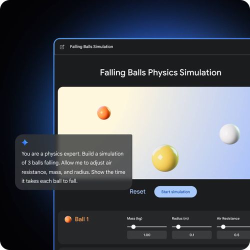 Gemini prompt to build a simulation of 3 balls falling. Screenshot of Gemini Canvas UI showing the 3D simulation.