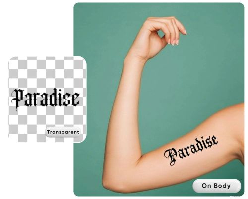Tat Ink Tattoo Font Generator showing “Paradise” tattoo on arm.