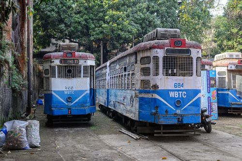 Old trams parked at a tram depot in Kolkata, West Bengal, India on February 18, 2025. Kolkata tram stock images, royalty-free photos and pictures