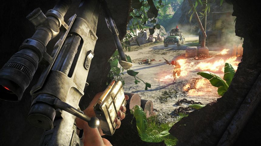 Far Cry 3 sniper, Jungle pirate camp, Burning enemy ambush, Full HD Desktop wallpaper