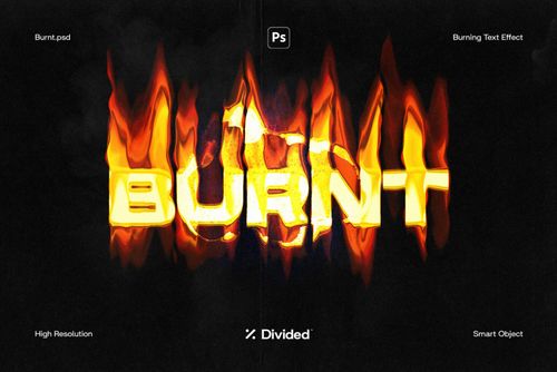 Burning text effect PSD with flaming letters spelling Burnt perfect for designers creating fiery graphics templates mockups high resolution smart object.