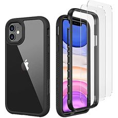CellEver Clear Full Body Case for iPhone 11, Heavy Duty Protection with Anti-Slip TPU Bumper and [2 Tempered 9H Glass Screen Protectors] Shockproof Transparent Phone Cover 6.1 Inch (Black)