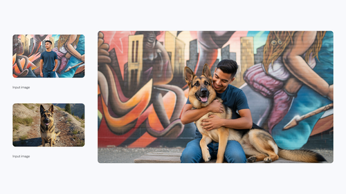AI-generated image of: a side-by-side comparison showing image merging. On the left are two separate input images: one of a man standing in front of a colorful graffiti wall, and the other of a German Shepherd dog sitting on a rocky path. On the right, the generated output shows the man sitting and hugging the German Shepherd, with a vibrant, abstract graffiti-style mural background.