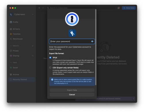 1Password export settings menu