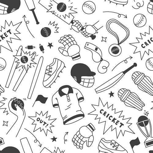 Vector cricket doodle seamless pattern sports game gear background with falling equipment uniform comic