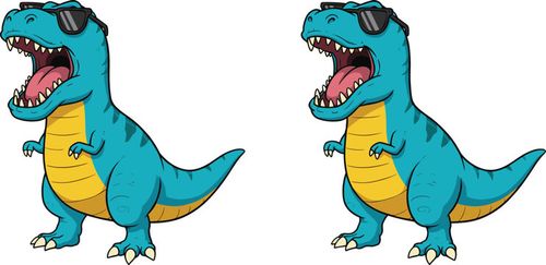 Cool cartoon T-Rex dinosaur wearing sunglasses, funny blue dino character, roaring pose, kids illustration, vector animal art design