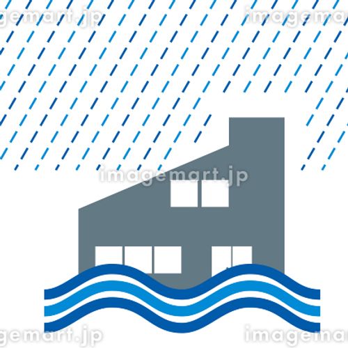 一戸建て　住宅住居、家の洪水、豪雨水害のイラスト　アイコン、シルエット、損害保険自然災害イメージ ストローク,コンビニ,シンボルのイラスト素材
