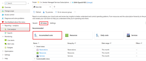 成本分析仪表板屏幕截图，显示如何访问累计成本。