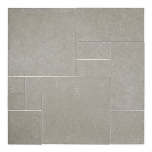 Gray ceramic tile features a modular pattern with various rectangular and square shapes. The textured surface resembles natural