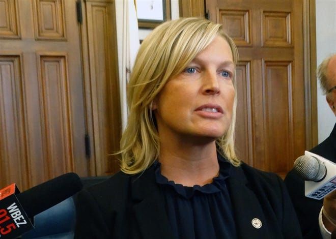 House Minority Leader-elect Tony McCombie, R-Savanna, speaks at a news conference in her soon-to-be office once she officially assumes the GOP leadership title in the 103rd General Assembly in January.