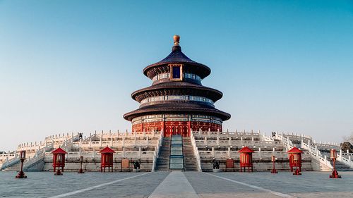 蓝天下的天坛祈年殿空镜 旅游景点古代建筑图片下载