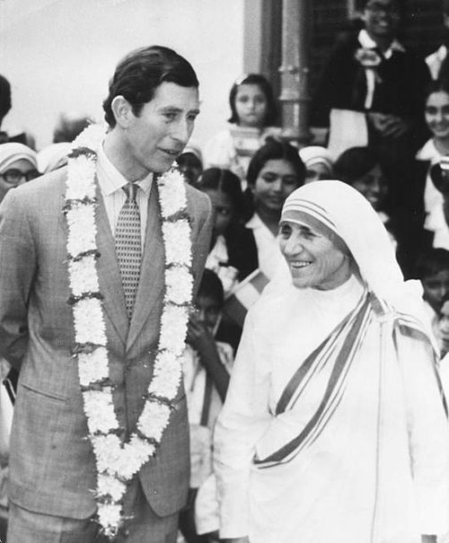 Prince Charles talking to Mother Teresa during his visit to her home for babies and children, Calcutta, December 1980.