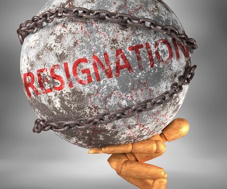 Resignation and hardship in life pictured by word resignation as a heavy weight on shoulders to symbolize resignation as a burden 3d illustration Stock Photo