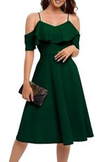 Bbonlinedress Women's Cocktail Dresses 2025, Formal Fall Wedding Guest Dress HOCO Off The Shoulder Bridesmaid Prom Cocktail Party Midi Dress Dark Green M