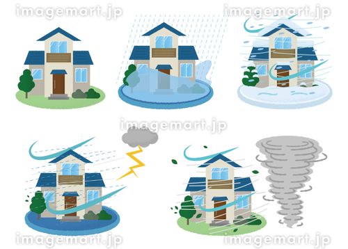 災害に遭う住宅のベクターイラストセット　水害・雪害・雷雨・竜巻 住宅ローン,地震保険,損害保険のイラスト素材