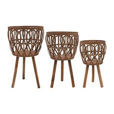 Set of 3 Woven Decorative Planter Pot with Stand – Wooden Bamboo & Plywood Outdoor & Indoor Plant Pot – Boho Garden & Home Decor Planters – 20", 23", & 26", Brown