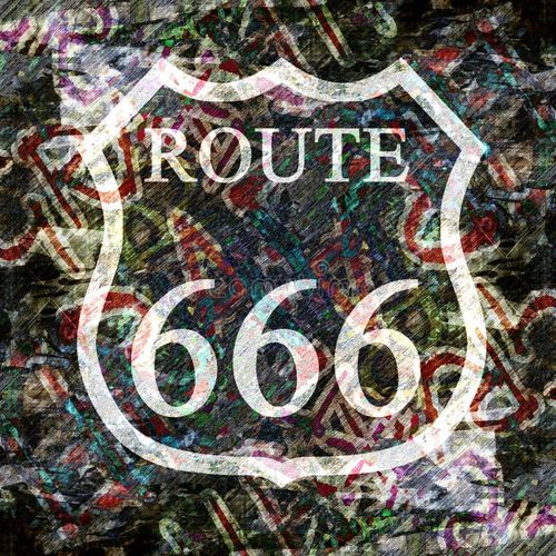 Grunge wall with graffiti and route 666 on it. 666 illustrations
