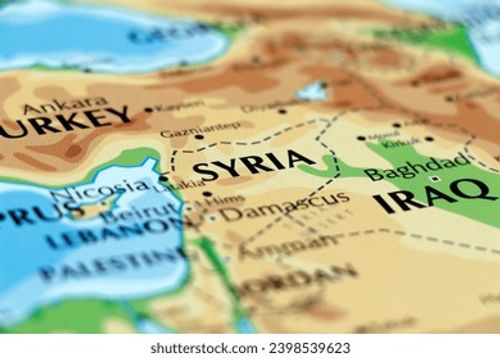 world map of middle east countries, turkey, iraq, syria, kuwait, bagdad, kirkuk, damascus in close up Stock Photo