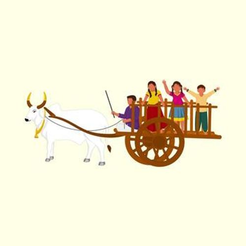 South Indian Man Riding Bullock Cart And Children Enjoying Against Pastel Yellow Background. vector
