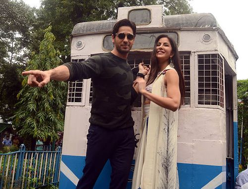 Bollywood actors Sidharth Malhotra and Katrina Kaif take a tram ride during the promotion of upcoming movie "Baar Baar Dekho" on August 31, 2016 in...