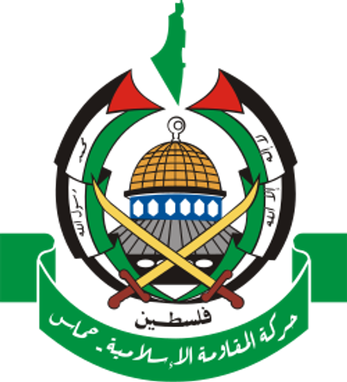 Emblem of Hamas, featuring map of Palestine, dome of Al-Aqsa, two Palestinian flags, and two swords