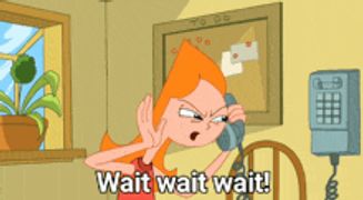 a cartoon of a girl talking on a phone and the words wait wait wait