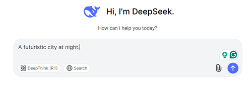 DeepSeek AI interface with a user inputting a prompt for a futuristic city at night, showcasing its technology, creativity, and high flexibility in generating refined text for AI models with optimized performance.