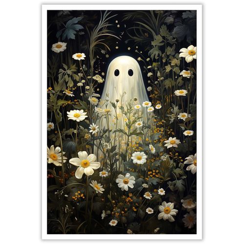 Htdsks Dark Romantic Ghost Poster Vintage Halloween Canvas Wall Art Cute Ghost In Haunted Forest Prints Painting Dark Academi