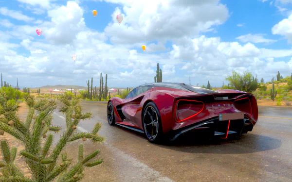 8K Ultra HD Forza Horizon 5 PC wallpaper showcasing a sleek red sports car on a desert road with cacti and colorful hot air balloons under a bright blue sky.