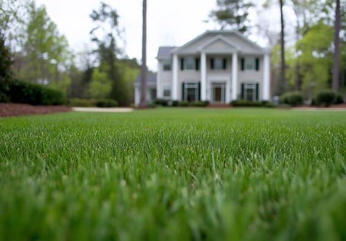 A well-maintained lawn in front of a large, elegant house. photo
