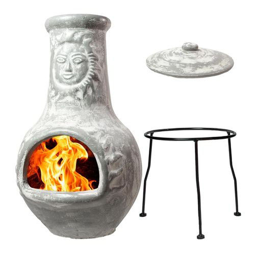 Small Chiminea Outdoor Fireplace Grey –Clay Chimineas with Chimney Rain Lids and Solid Metal Stands - Mini Terracotta Chimenea – Rustic Fire Pit Chimnea 12 x 12 x 27-inch