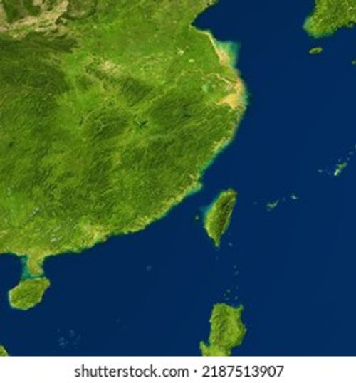Map of China and Taiwan in satellite photo, physical detailed map of Asia southeast. Green terrain and blue seas. Aerial view of Taiwan island. Topography theme. Elements of image furnished by NASA. Stock Photo