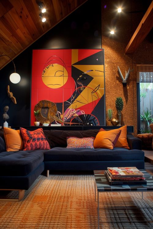 Navy retro-pop inspired living room with cork wall