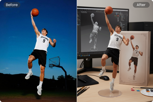Turn the picture of a man playing basketball into an ai figure