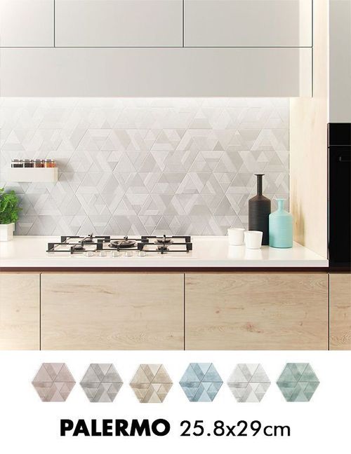 an image of a kitchen setting with white and blue tiles on the backsplash
