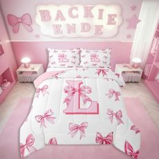 Erosebridal Initial Letter L Comforter Set for Kids Teen Women,Pink Bow Girls Twin Bedding Set Kawaii Girly Bowknot Bedding Comforter Sets Princess Style Romantic Bow Quilt Duvet