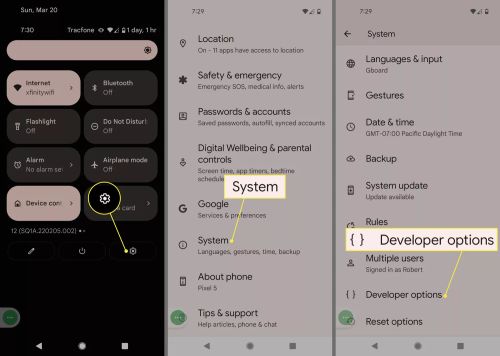 Settings gear, System, and Developer Options in Android