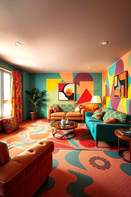 Bold Colors and Patterns - 70s Living Room Ideas: Vintage Furniture & Retro Color Palettes