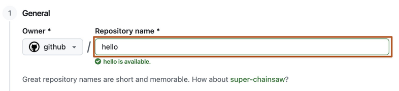 Screenshot of the first step in creating a repository. The "Repository name" field contains the text "hello-world" and is outlined in dark orange.