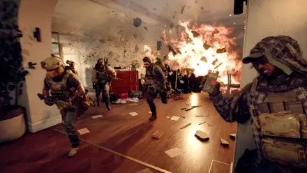 Battlefield 6 video game scene: soldiers sprint through a room as a massive explosion erupts behind them — 2K Quad HD PC desktop wallpaper/background.